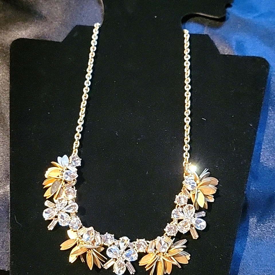 Vintage Necklace W/ Rhinestone Crosses & Flowers Euc
